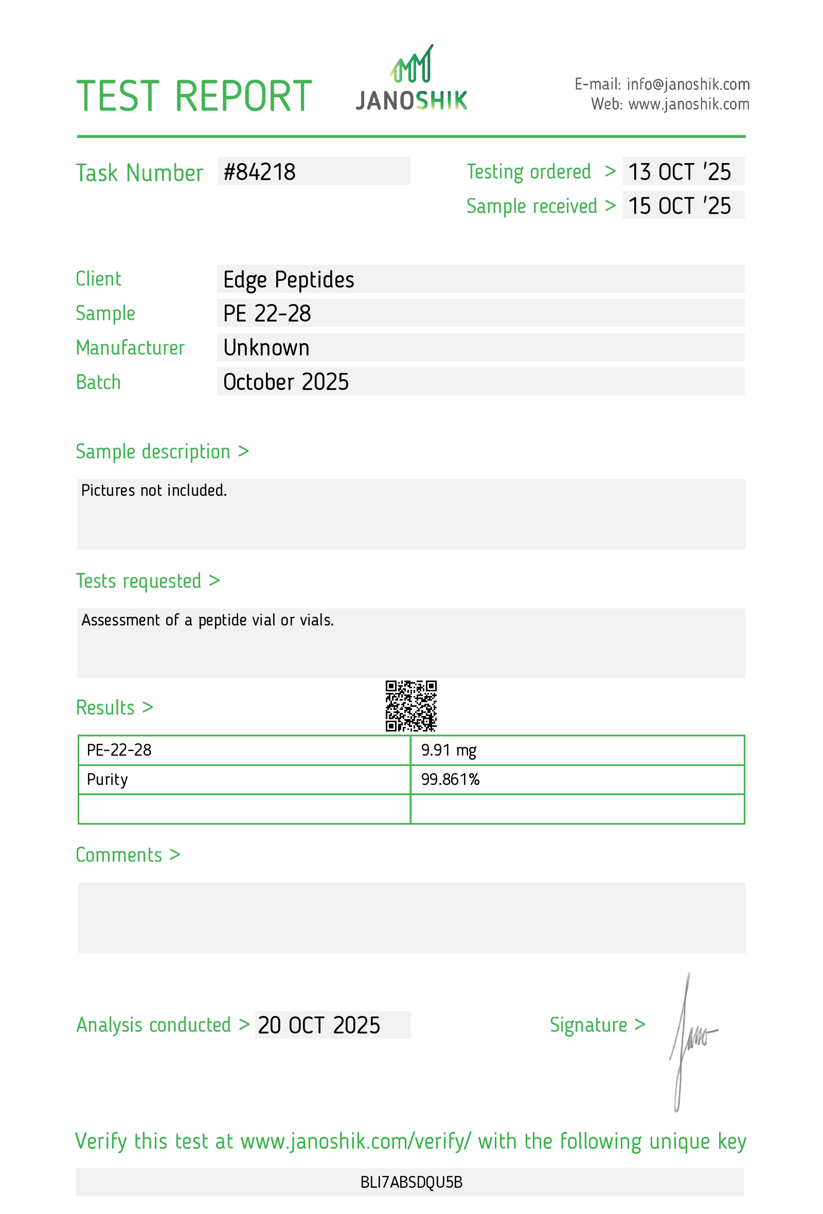 edgepeptides pe-22-28 janoshik test